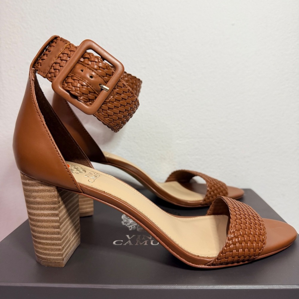 Vince Camuto Maghen Braided Leather Ankle Strap Size 9.5 Open Toe Block Heel